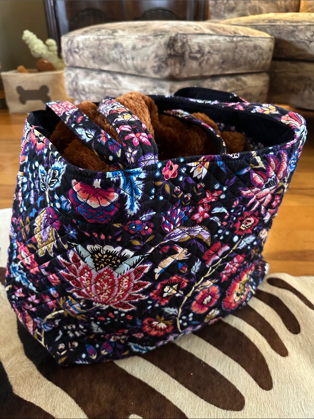 Vera Bradley Black Quilted Tote with Multicolor Floral Pattern - Picture 8 of 9
